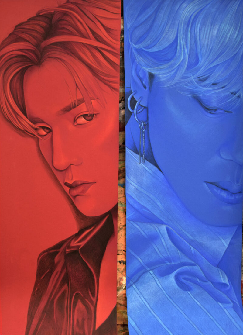 kurs-rysunku-poznań-online-dla-dorosłych-rysunek-kredki-czerwony-niebieski-taeyong-jimin-bts-nct